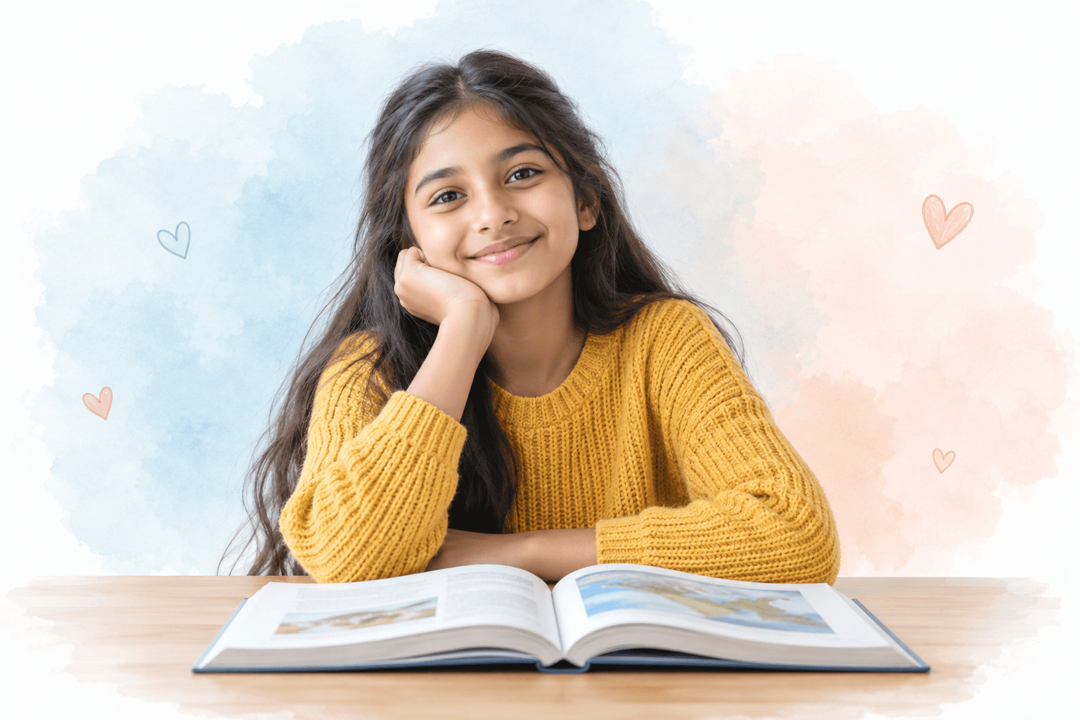 A smiling student in a yellow sweater learning with an open book